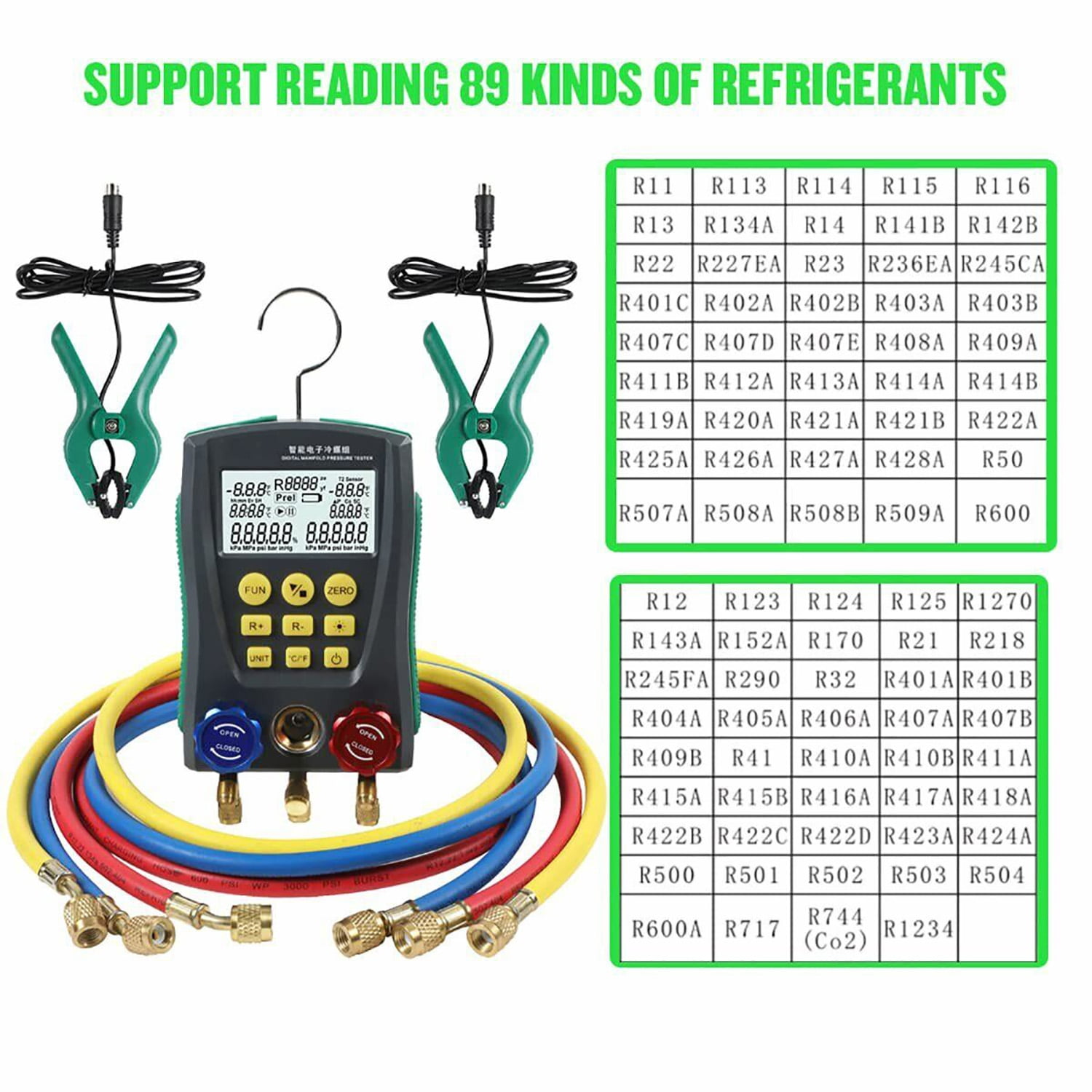 Refrigeration Digital Manifold Gauge Set HVAC Pressure Meter Kit 2-Valve Vacuum Temperature Tester Air Conditioning Diagnostic W/ Accessories 89 types R134a R410a Refrigerants for Home Car, DY517A