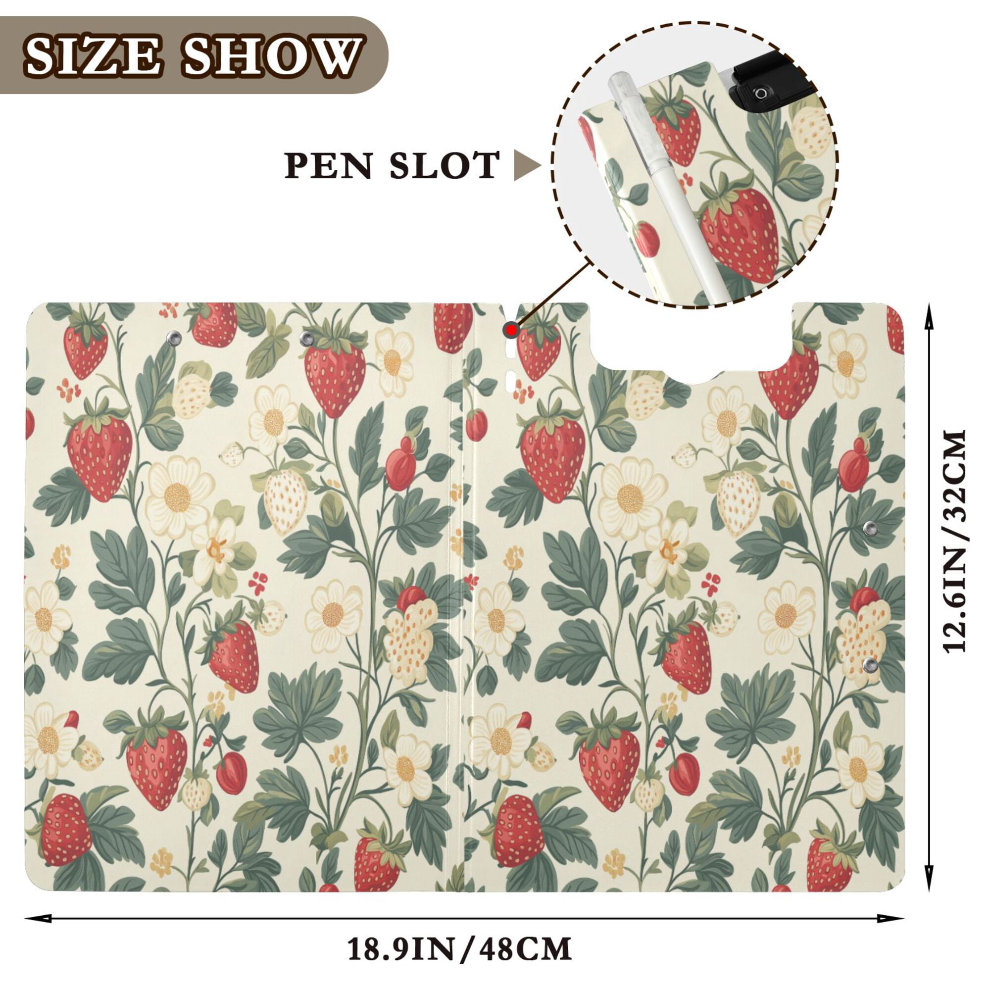 FORMRS A4 Clipboard Folder with Pen Holder Horizontal Foldable School Office Binder, Small Strawberry Pattern