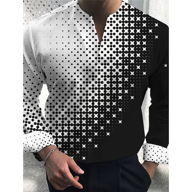 Camisa de hombre con estampado gráfico geométrico, cuello alto, ropa de calle para exteriores, manga larga, ropa estampada