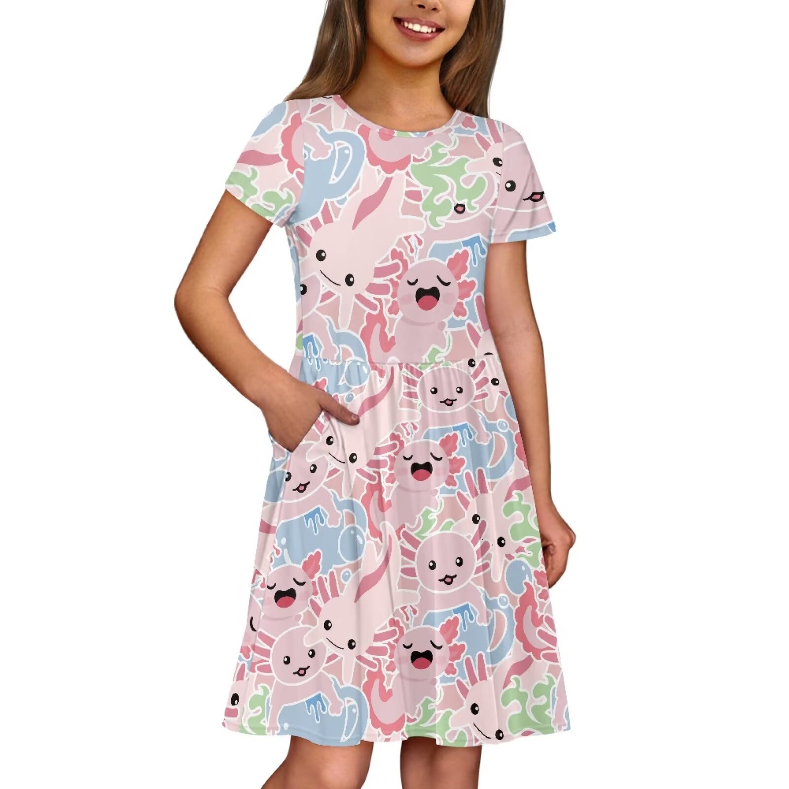 Uourmeti Axolotl Toddler Girls Dresses Summer Cute Short Sleeve Swing Dress Casual Loose Crewneck Knee A-Line Dresses with Pockets Sundresses