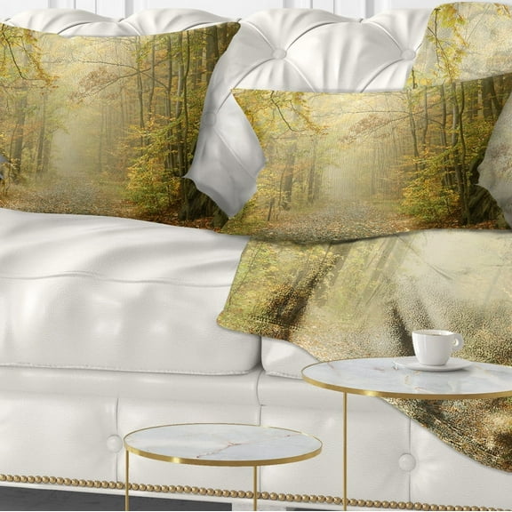 Designart Autumn Forest Path on Misty Morning - Landscape Photography Throw Pillow - 12x20