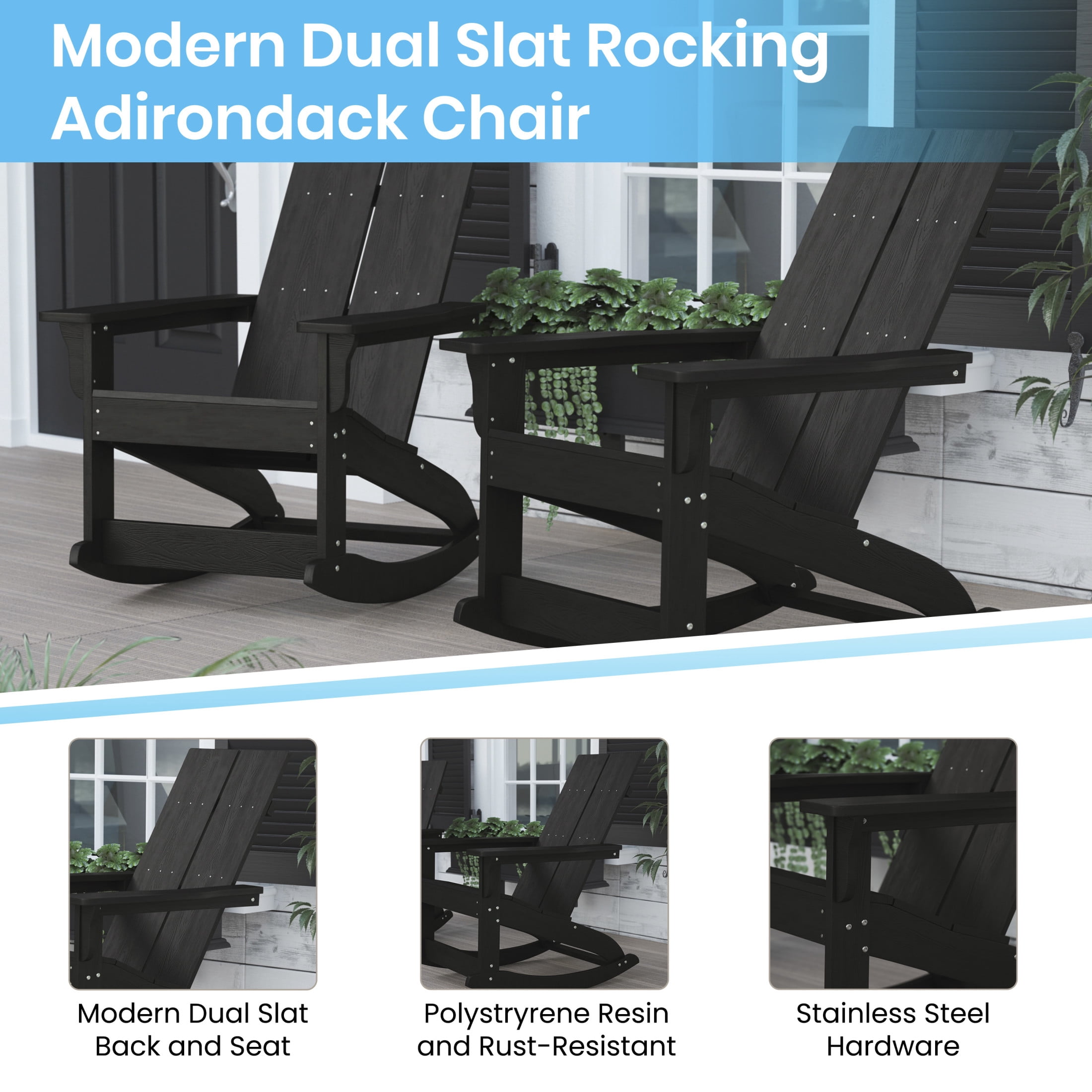 Flash Furniture Finn Poly Resin Rocking Adirondack Chair - Black