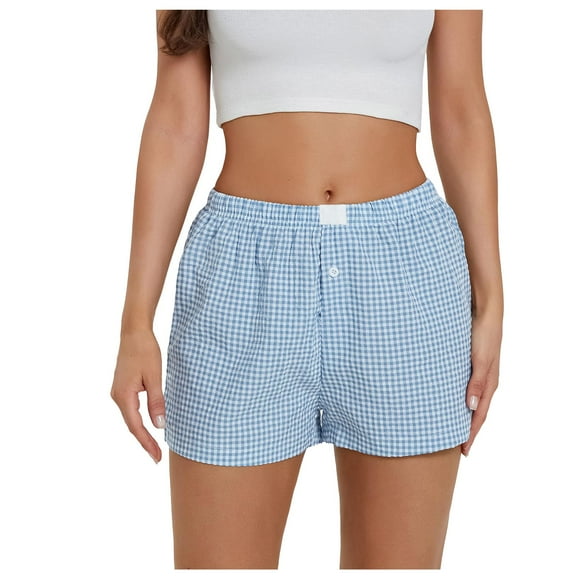 Women Shorts Plaid Print Button Front Pajama Bottoms Polyester Spandex Summer Sleepwear Beach Party Wear