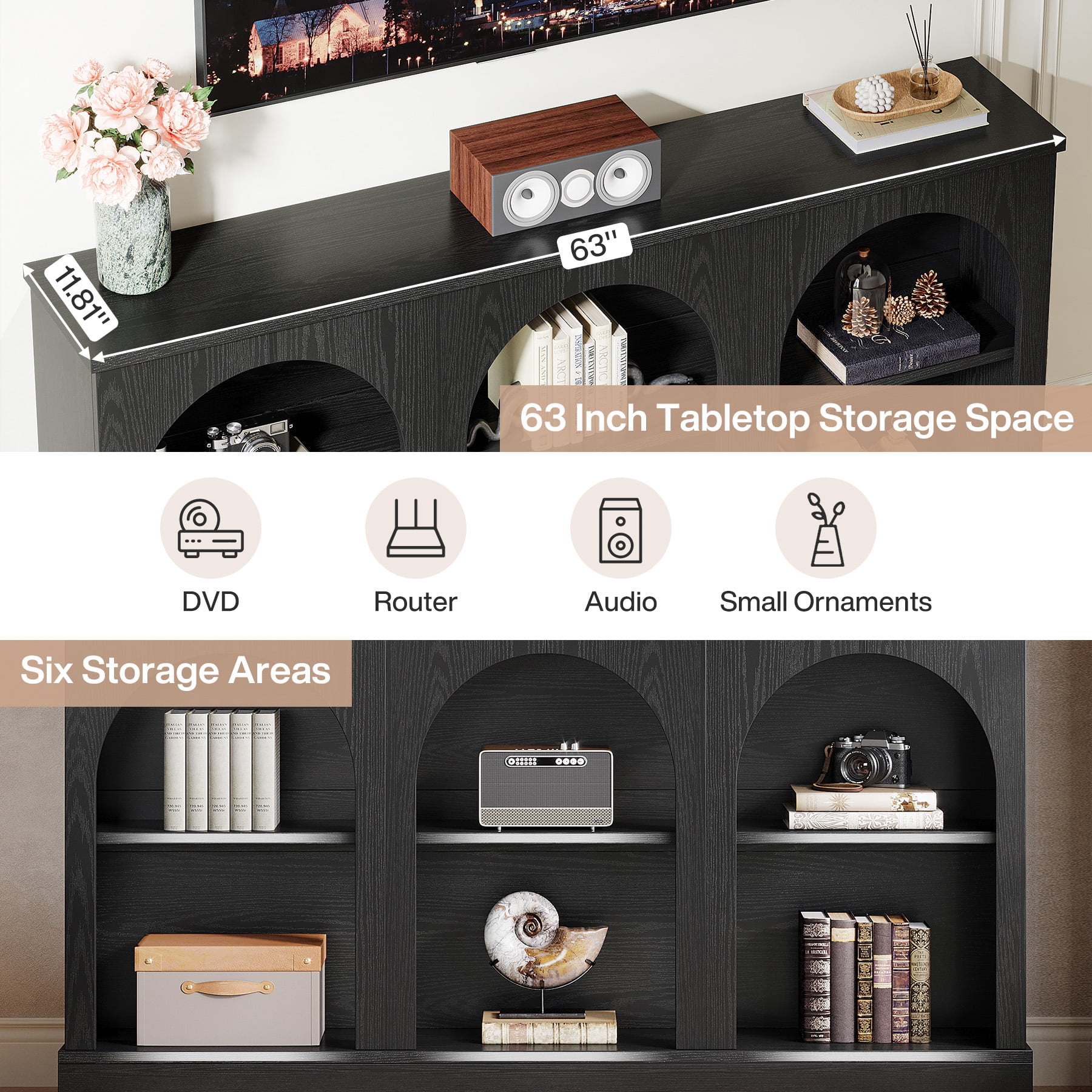 Tribesigns Farmhouse TV Stand for 55/60/65 Inch TVs, Entertainment Center with Storage Cabinets, Black