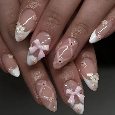 RAGUPEL White French Tip Press on Nails Short Almond Fake Nails with Bow Pearl Flower Charm Designs Light Pink Full Cover Glue on Nails Press ons Cute Acrylic False Nails for Women Girls 24 Pcs