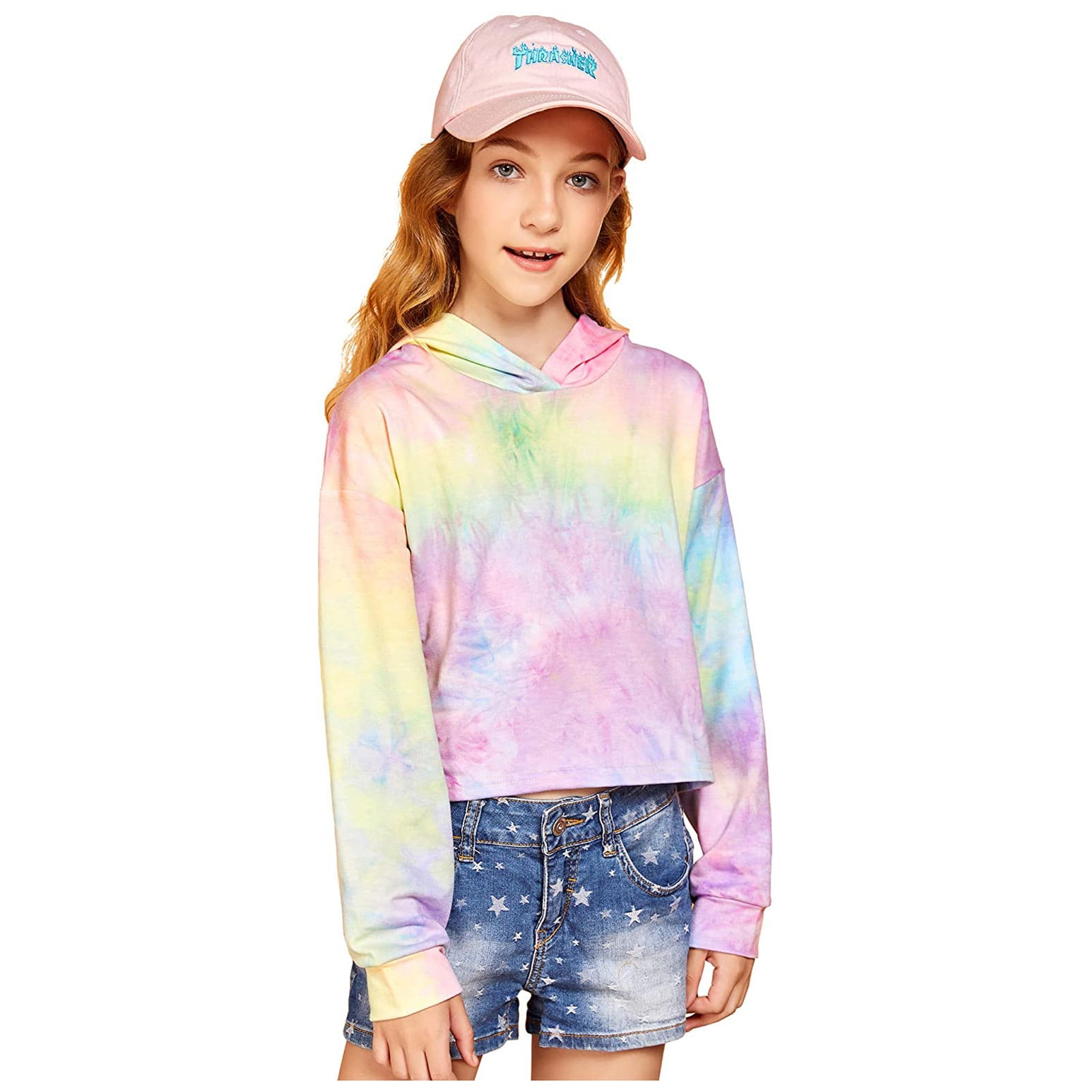 Kids Sweatshirts Teen Girls Crop Tops Tie-Dye Fashion Hoodies Blouses Pullover Tops