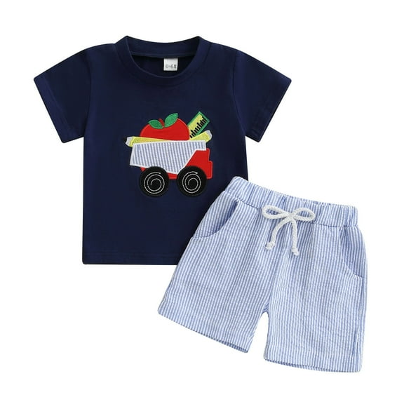 Boy Outfits Toddler Baby Summer Apple Embroidered Short Sleeve T Shirt and Elastic Waist Shorts 2 Piece Set Lightweight Breathable Casual Outfit Boys Outfits Blue 18 Months-24 Months
