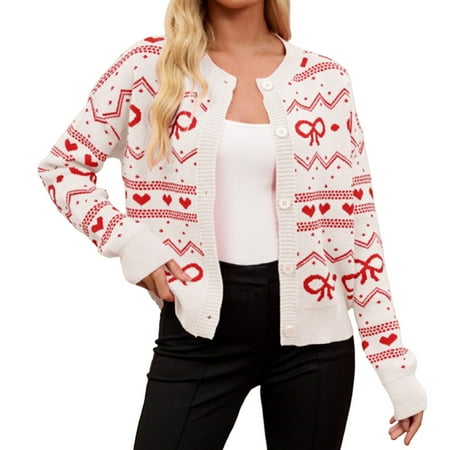 ZHOUCHANKIDS Valentines Cardigan Sweaters for Women Heart Graphic Knit Sweater Button Down V Neck Open Front Outerwear White S