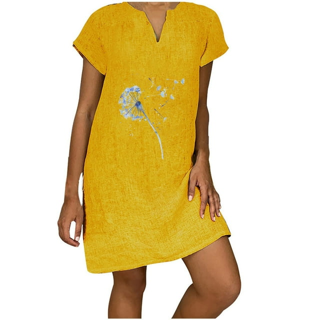 Yuyuzo Robes d'Été Décontractées pour Femmes 2025 Manches Courtes Col en V Robe en Lin Ample Tunique Confortable T-Shirts Robe Droite