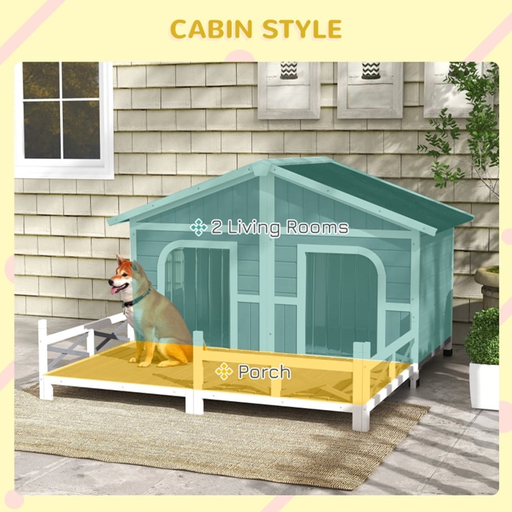 Kadyn Cabin Style Raised Dog Shelter with Roof, Doors, and Window, Wooden Dog House Outdoor with Porch, for Medium Large Sized Dog, Gray Kadyn Cabin Style Raised Dog Shelter with Roof, Doors, and Window, Wooden Dog House Outdoor with Porch, for Medium Large Sized Dog, Gray