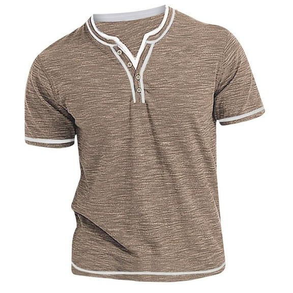 VERUGU Henley Shirts for Men Top Shirt Slim Short Sleeve Lapel Casual Sports Bottom Shirt T-shirt Top Khaki S
