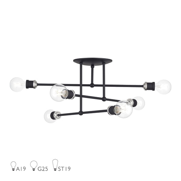 47178-04-Livex Lighting-Delacroix - 6 Light Semi-Flush Mount-12 Inches Tall and 28 Inches Wide-Black/Brushed Nickel Finish