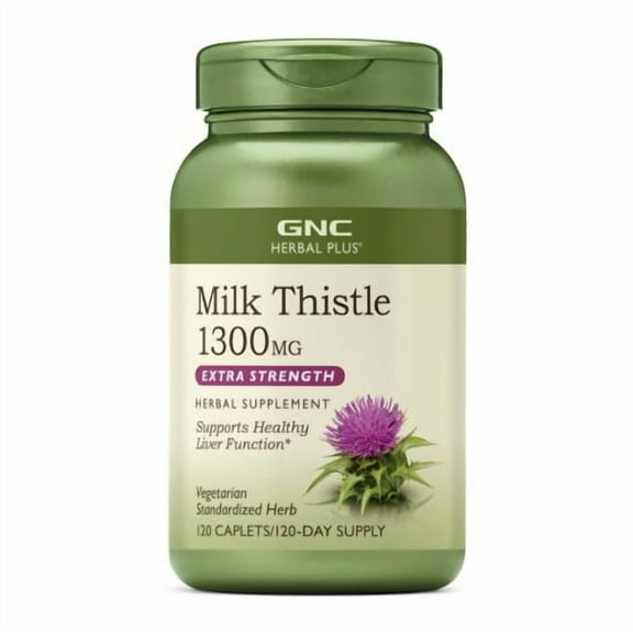 GNC Herbal Plus Milk Thistle 1300mg Supplement, Extra Strength, Vegetarian, Supports Healthy Liver Function, 120 Caplets, 120 Servings