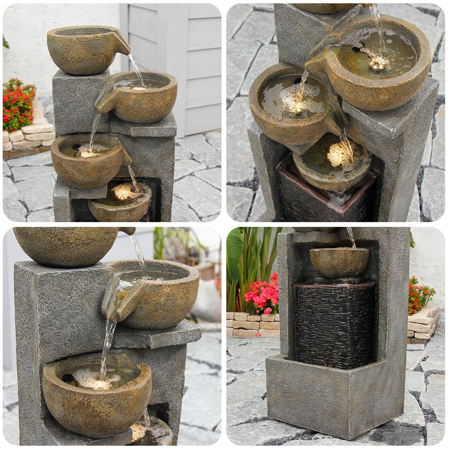 5-Tier Water Fountain Outdoor Garden Waterfall Fountains Indoor Bowl Cascading Water Feature with Led Lights for Home Deck Patio Porch Yard Decor 37.4" H
