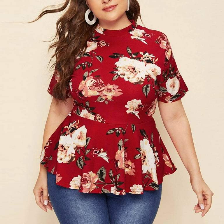 Cathalem Business Tops for Women plus Size Print Shirts Neck Casual Floral  T Sleeve Top Lace Blouses for Women plus Size Shirt Red XX-Large