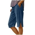 thumbnail image 2 of Ailaofu Women's Summer And Corduroy Solid Color Loose Straight Leg Pants With Pockets Side Slit Buttons Capri Pants, 2 of 7