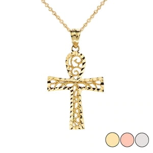 SPARKLE CUT FILIGREE ANKH CROSS PENDANT NECKLACE IN GOLD (YELLOW/ROSE/WHITE) : 14K Pendant only