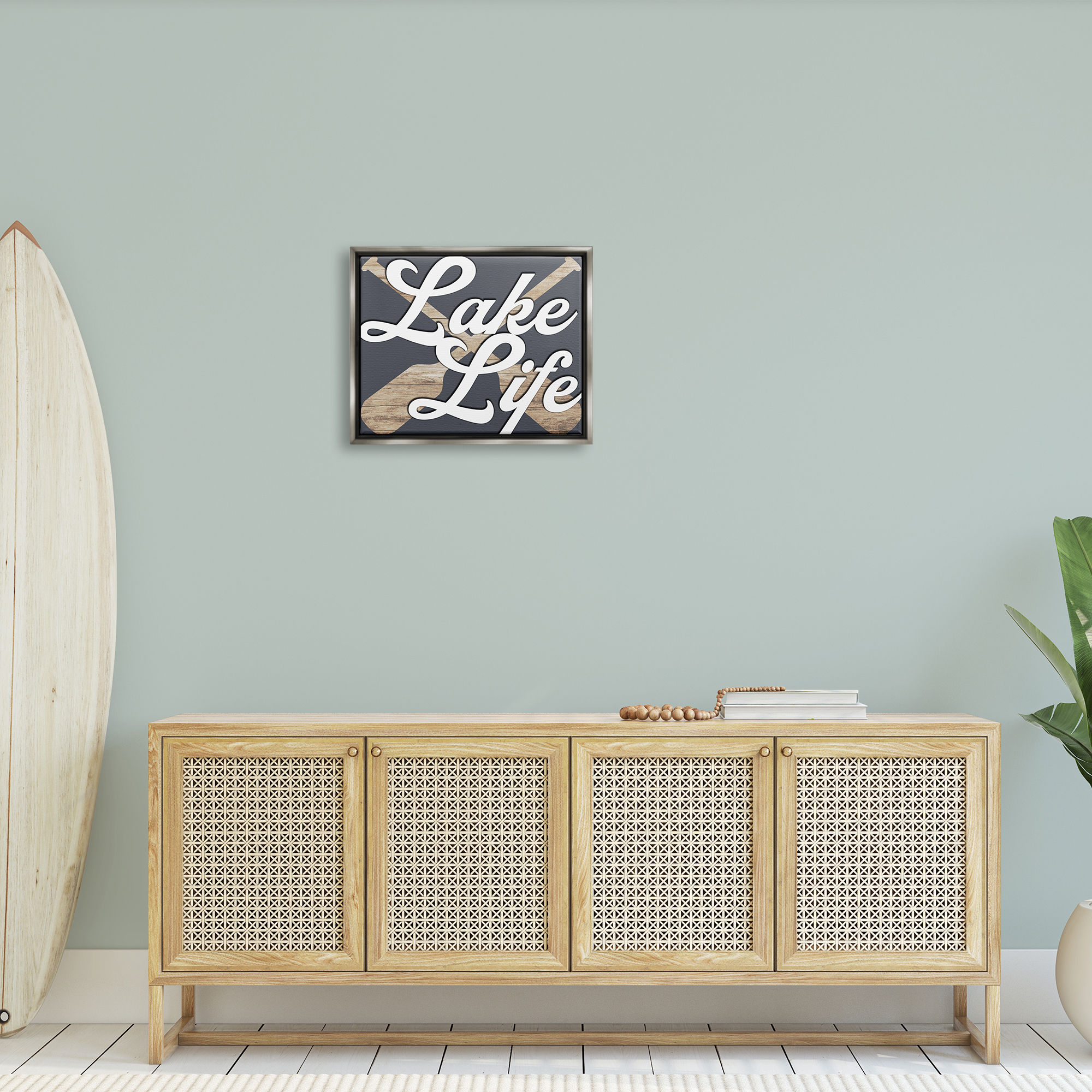 Stupell Lake Life Crossed Boating Oars Landscape Painting Gray Floater Framed Art Print Wall Art