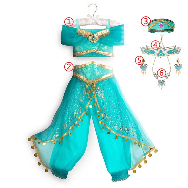 Disney Jasmine Dress Aladdin Princess Magic Lamp Girls Birthday Party Cosplay Costume Top+Pant+Headband Carnival Clothes Vestido11-12T(Size160) Gao Jinjia LED