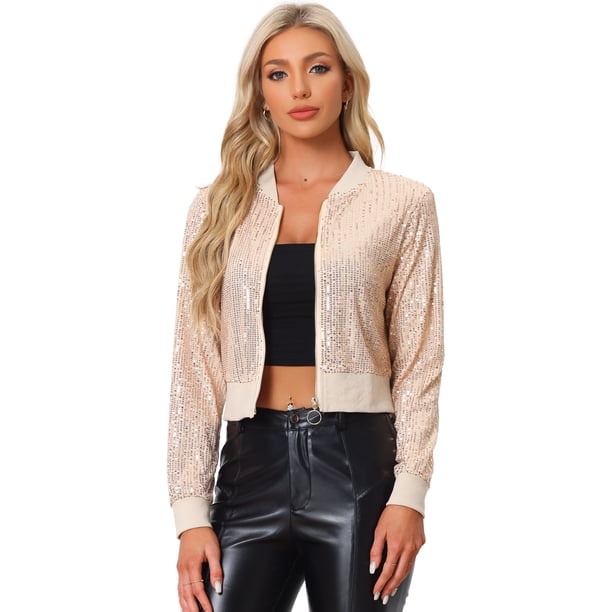 Chaqueta De Lentejuelas Tipo Aviador Con Cremallera En La Parte Delantera Con Purpurina Brillante Para Mujer albaricoques L
