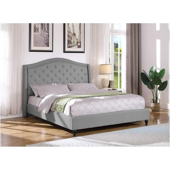 Upholstered Eastern King Size Platform Bed with Tufted Headboard, Nailhead Accent, Modern Bed Frame, Gray