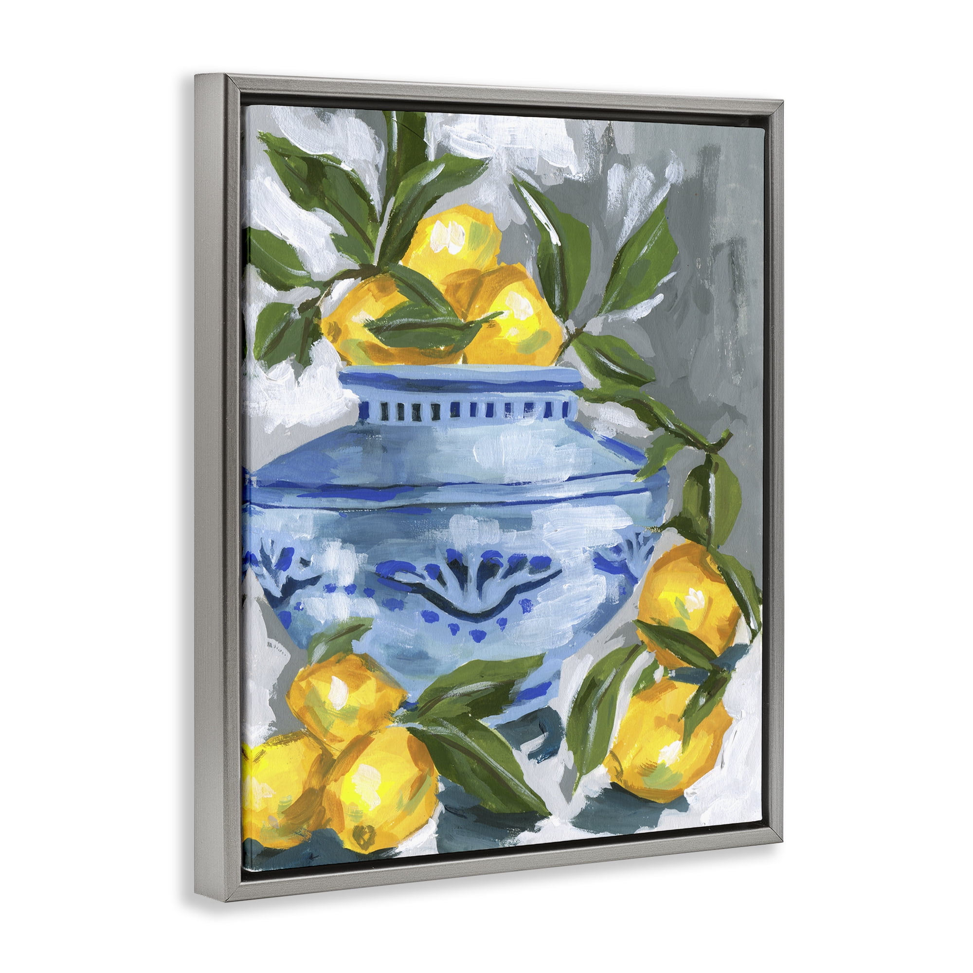 Stupell Industries Indigo & Lemon Vase Gray Framed Floater Canvas Wall Art, design by Melissa Wang