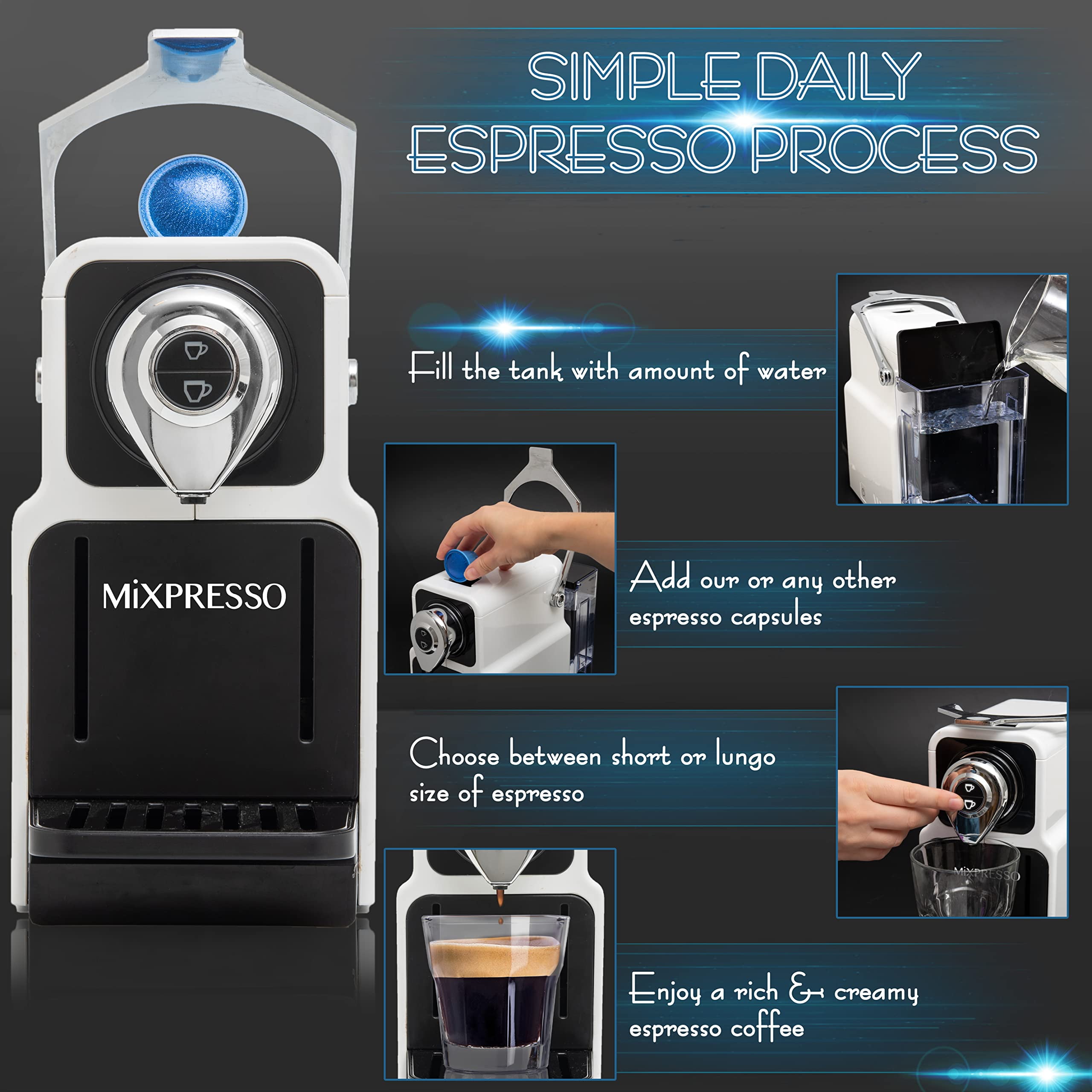  Mixpresso Máquina de café expreso para cápsulas compatibles con  Nespresso, cafetera de una sola porción programable para cápsulas de  espresso, bomba de alta presión italiana de 19 bares, cafetera azul 