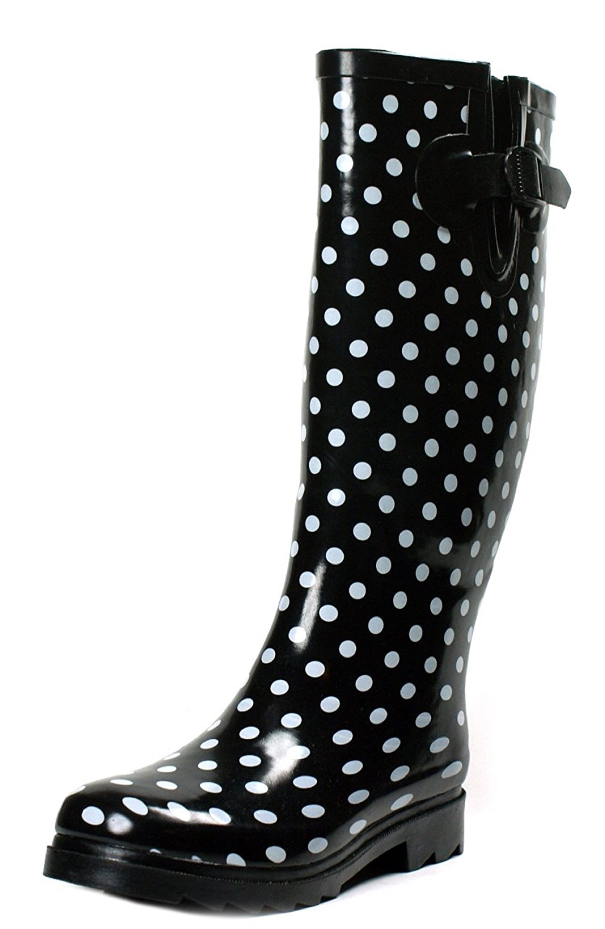 black and white polka dot rain boots