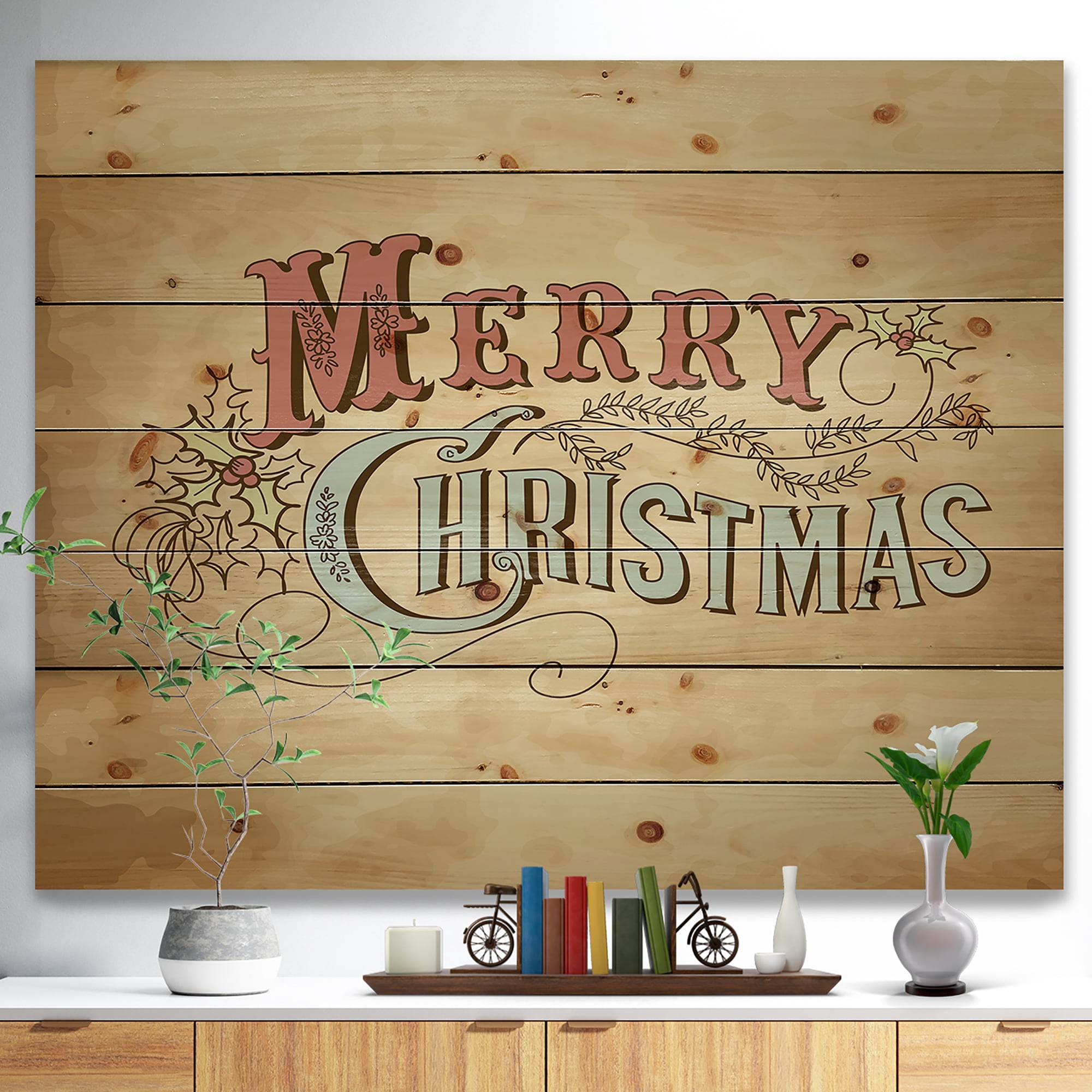 Designart 'Merry Christmas Vintage Wish in Western Font' Print on Natural Pine Wood