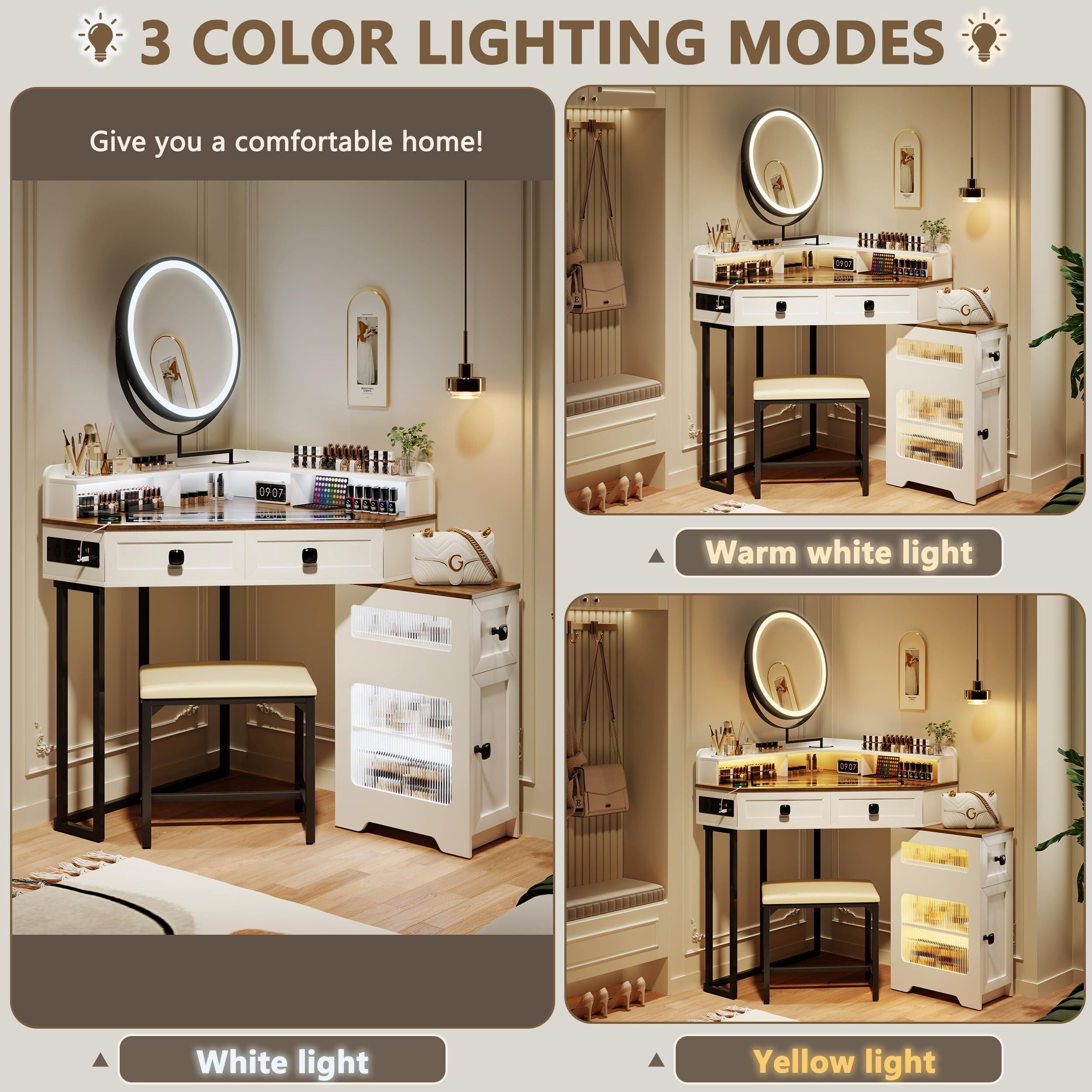 Aukfa Makeup Vanity Table with Mirror and Lights, Vanity Desk with Drawers and Shelves, White