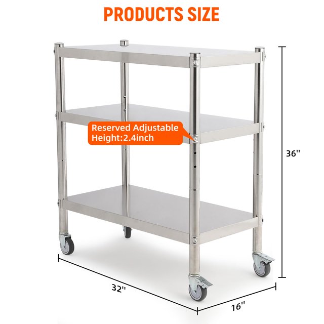 GloryStar Unité d'Étagères à 3 Tablettes, Étagères en Acier Inoxydable avec 4 Roulettes Pivotantes et Hauteur Réglable, Étagères de Rangement en Métal Robustes pour Cuisine, Garde-Manger, Bureau-32"x16"x36 Pouces