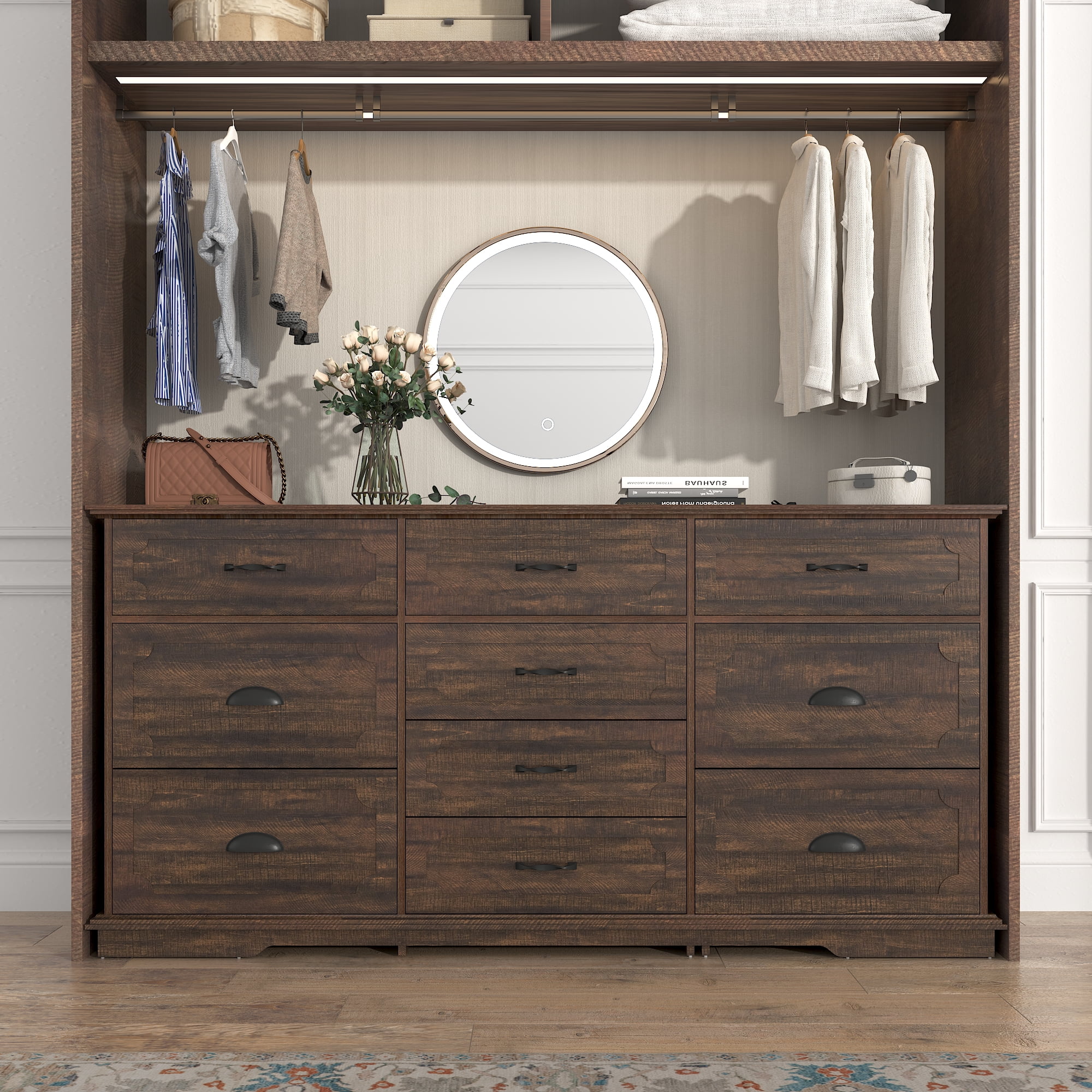 Blotout 70" Large Long Dresser with Deep Drawers, Farmhouse 10 Drawer Dresser for Bedroom, Wide Wood Chest of Drawers with Power Outlets, Rustic Brown Dresser