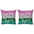 thumbnail image 1 of Saying Throw Pillow Cushion Cover Pack of 2, Woodland Silhouette with Violet Sky and Adventure Begins Message Inspiration, Zippered Double-Side Digital Print, 4 Sizes, Green Violet White, by Ambesonne, 1 of 2