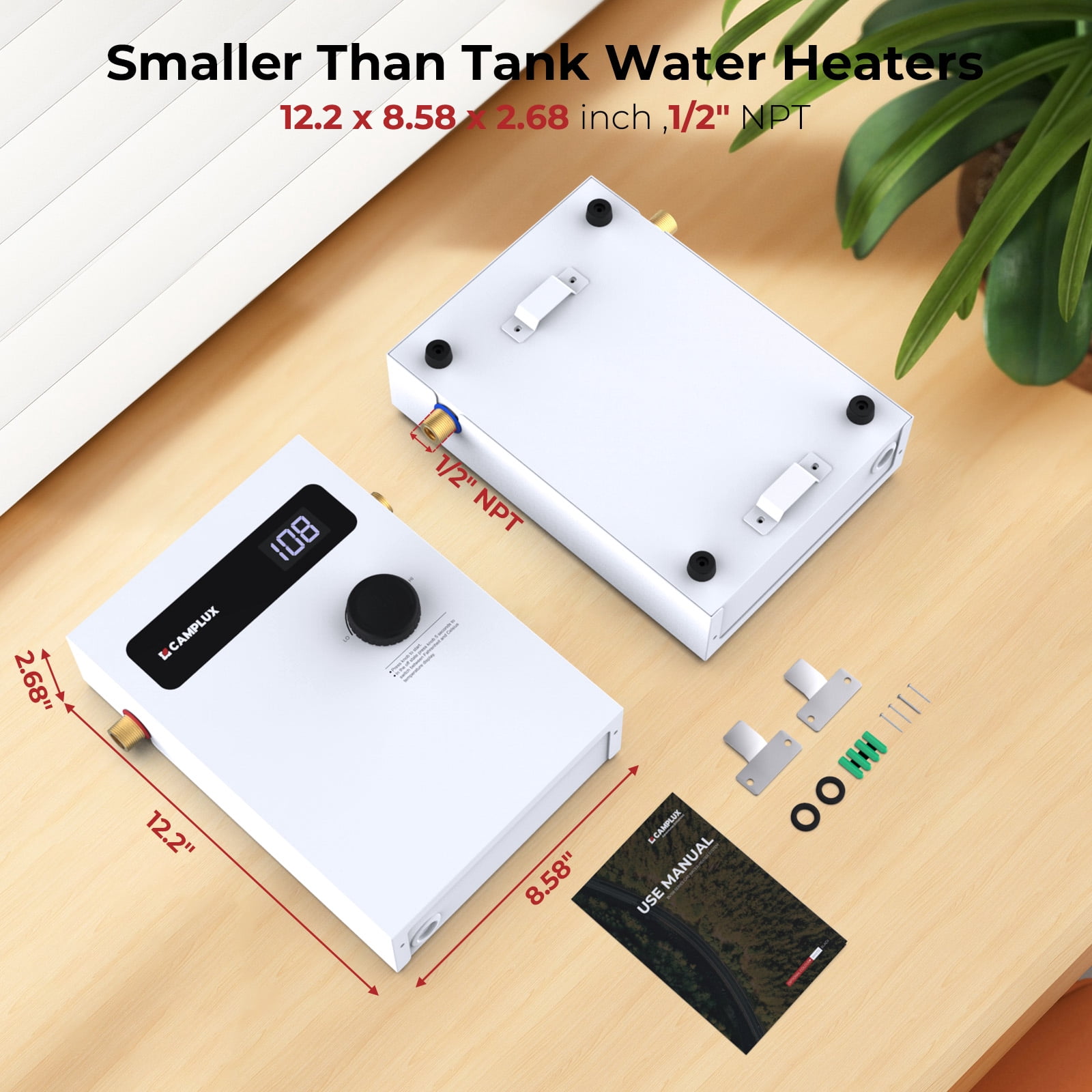 CAMPLUX 8 kW 1.5 GPM 240-Volt Tankless Electric Water Heater,TEW08,White