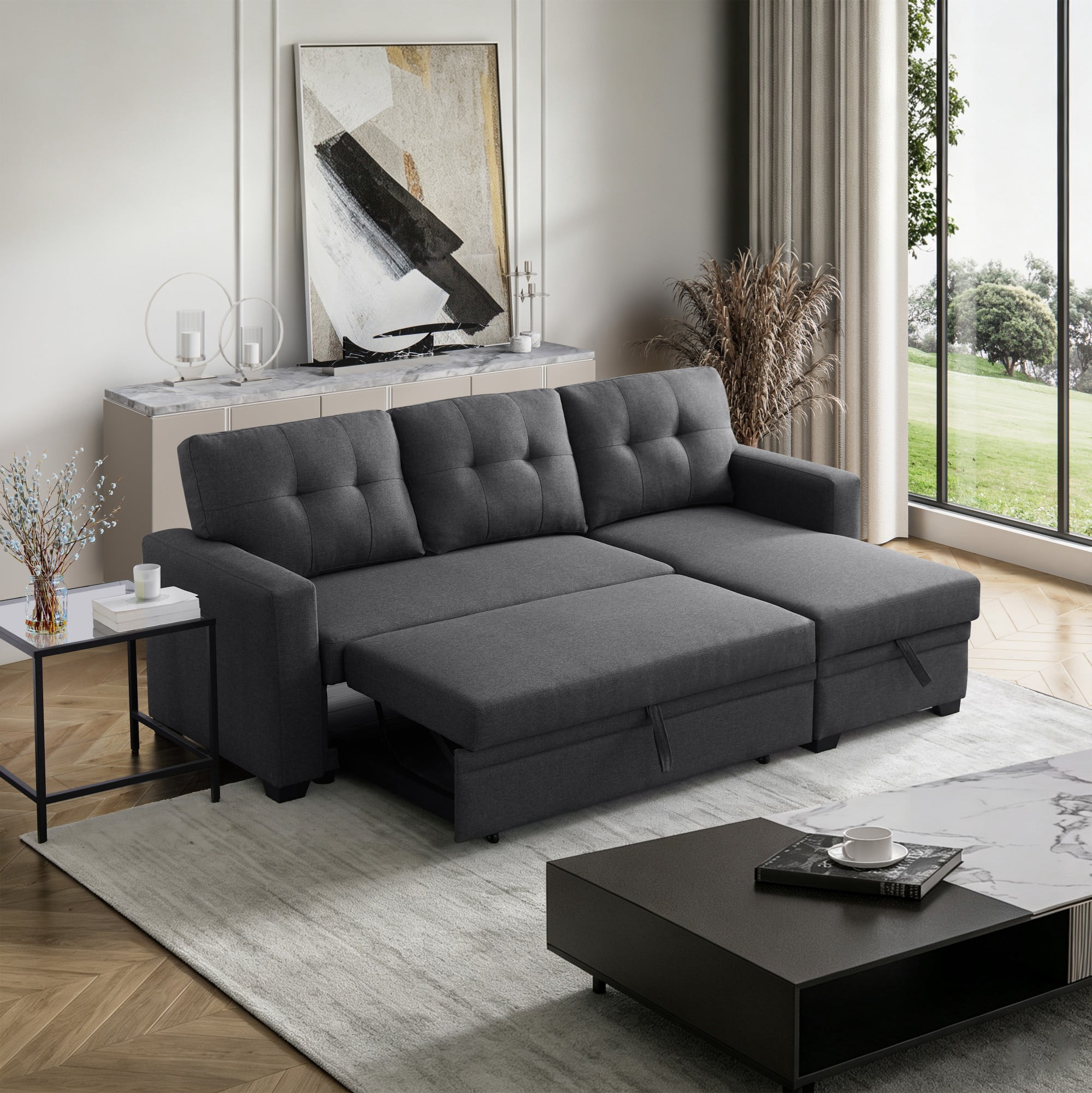 BSHTI 82" 3-Seat Linen Pull Out Sectional Sleeper Sofa with Storage Chaise, Removable Back Cushions for Living Room（Dark Gray）