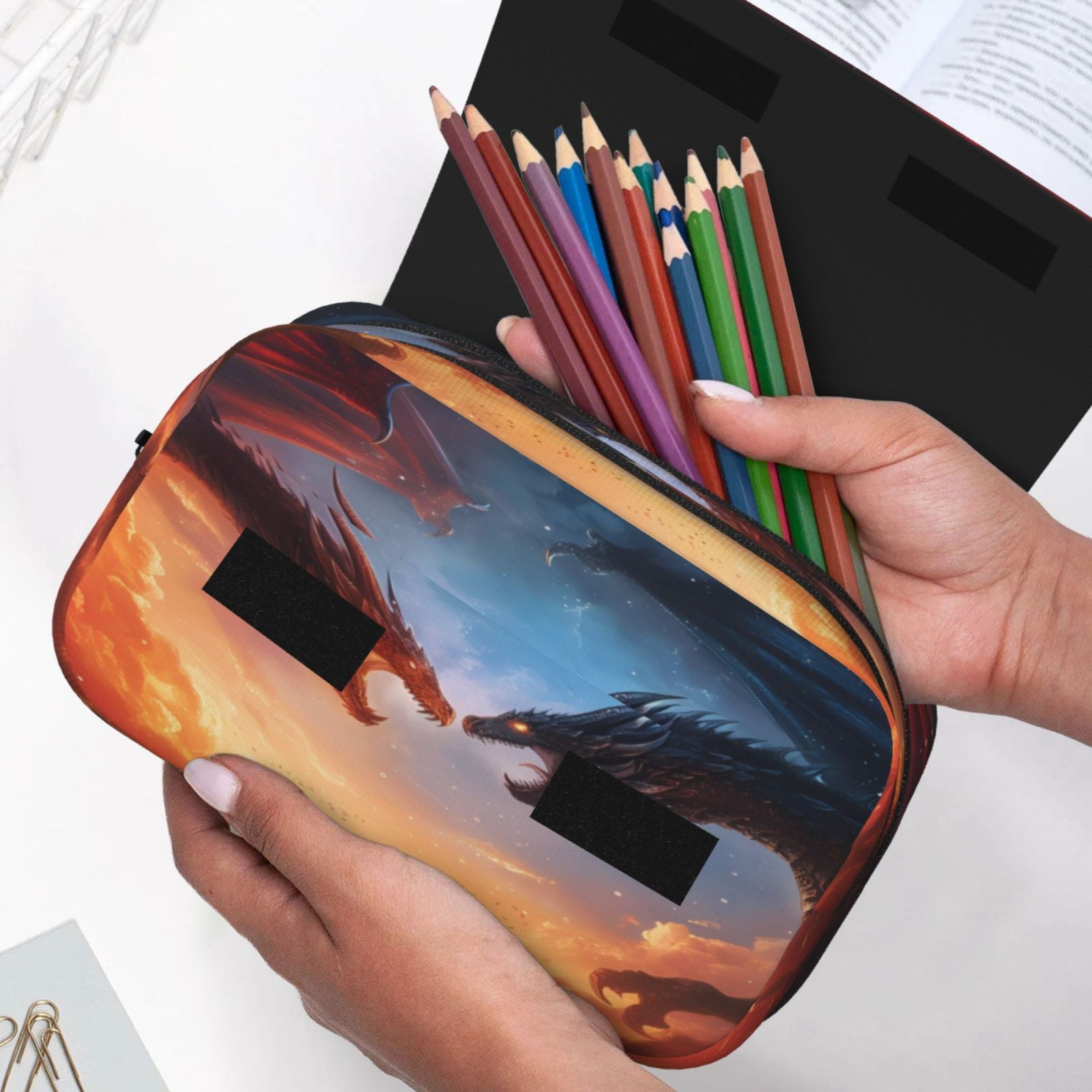Rateoe Red And Blue Fire Cloud Dragon Pattern Double Clamshell Pen Case, Storage Organizer with Two Zipper Compartments– Holds Up to 50 Pencils & Pens