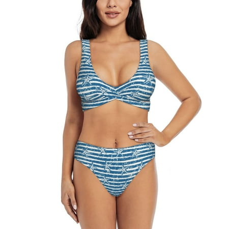 Zeuib Ocean on Striped High Waisted Tummy Control Bikini Set - Knot Front Push Up Top & Cheeky Thong Bottom  Two-Piece Swimsuit for Women-Medium