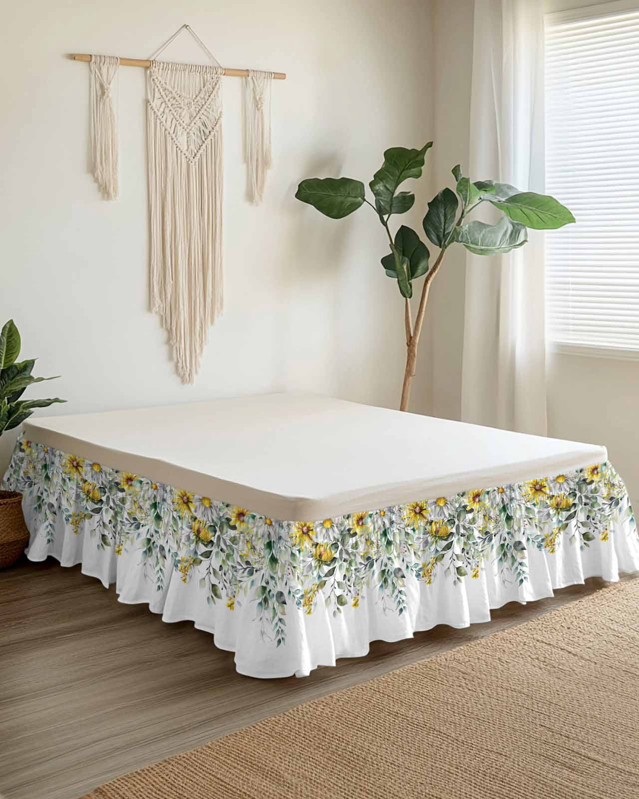 Farmhouse Eucalyptus Ruffle Bed Skirt Queen Size Leaves Yellow Daisy Botanical Adjustable Elastic Dust Bed Skirts Wrap Around Bedskirt Wrinkle Free Easy Fit with 16 Inch Drop