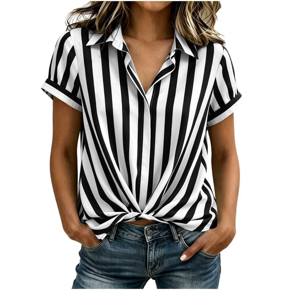 Admvng Women's Striped Shirt Lapel V Neck Short Sleeve Front Twist Knot Casual Summer Blouse Tops
