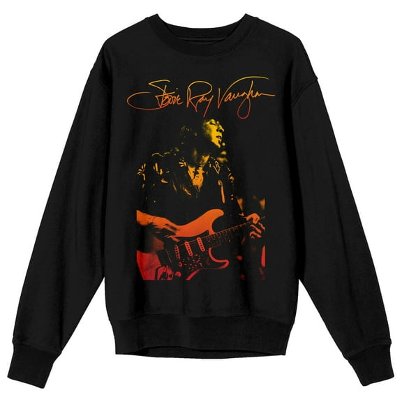 Stevie Ray Vaughan Playing Guitar With Signature Adult Black Crew Neck Sweatshirt-Medium