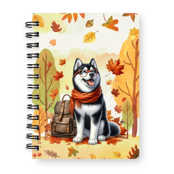 Welcome Fall Siberian Husky Enjoys School Time Autumn Fall Leaves Spiral Bound Journal Husky Dog Lover Gifts 5x7in Spiral Notebook - 02013
