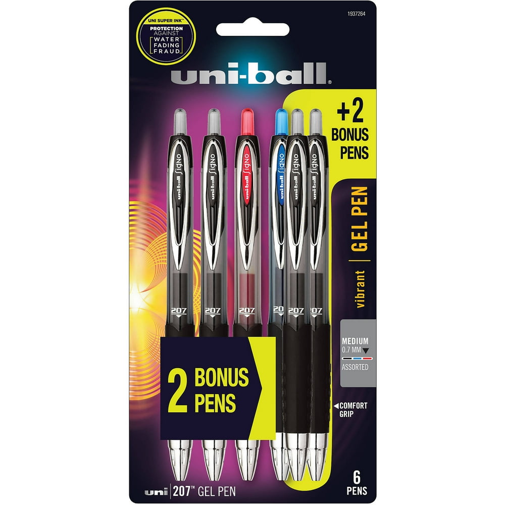 uniball 207 Retractable Gel Pens, Medium Point, Black, 4 + 2 Bonus