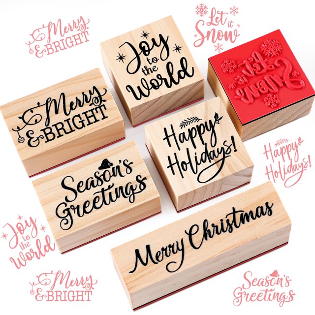 Juego de sellos navideños de goma Watersay, 6 unidades, artesanía de madera