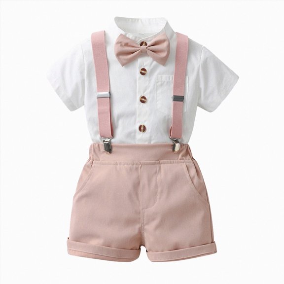 Toddler Boy Summer Wedding Clothes Set with Bowtie Short Sleeve Shirt and Suspender Shorts Baby Outfits