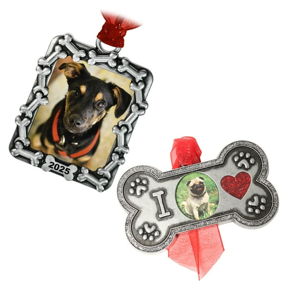 Gloria Duchin Antique Pet Dog Pewter Picture Frame Christmas Tree Ornament 2 piece Set