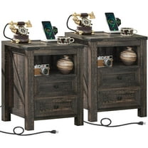 Nightstands Set of 2 with Charging Station, Farmhouse Night Stand with 2 Drawers and Shelf Storage, Wooden Side End Table, Bedside Cabinet for Bedroom, Living Room, Closet,Office (Dark Drey)