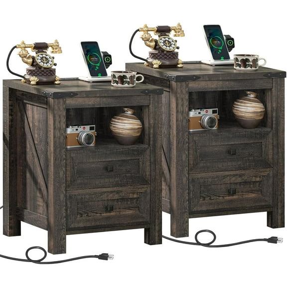 Nightstands Set of 2 with Charging Station, Farmhouse Night Stand with 2 Drawers and Shelf Storage, Wooden Side End Table, Bedside Cabinet for Bedroom, Living Room, Closet,Office (Dark Drey)