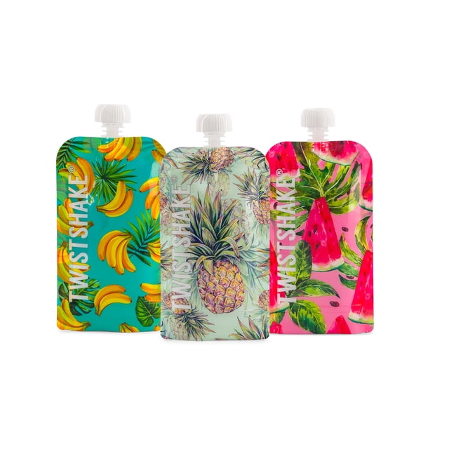 Set 3 Bolsas Exprimibles Twistshake, 220 ml, Diseños Frutales, Reutilizables, Libre de BPA
