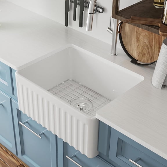 DeerValley Farmhouse Single Kitchen Sink, 24" L x 18" W White Reversible Single Bowl Farm Sink with Apron Front Ceramic Kitchen Sinks with Grid & Strainer