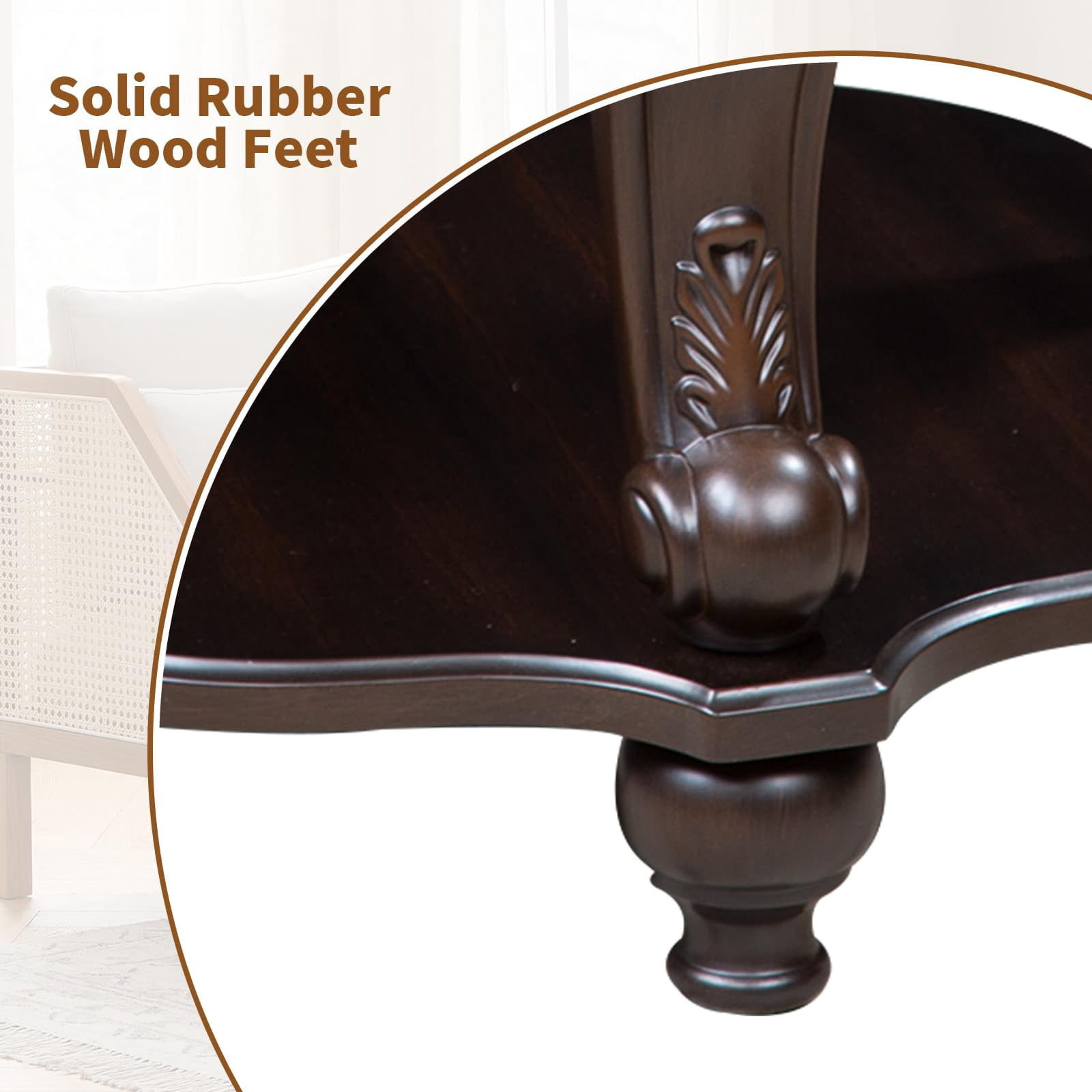 22" Vintage Round End Table - Solid Wood Side Table with Shelf & Carved Legs for Living Room, Farmhouse Style in Espresso